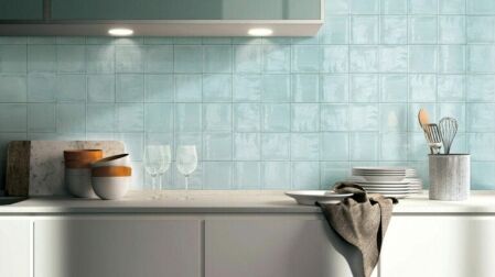 Luxe sky blue gloss wall tile 100x100mm installation