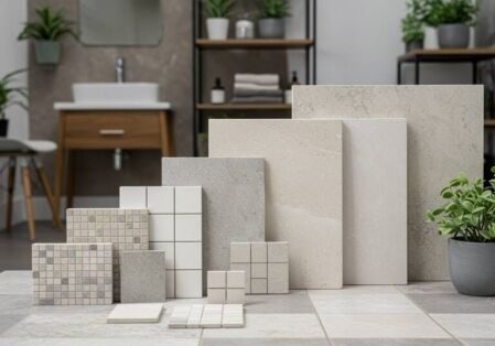 Comparison of different tile sizes displayed in a modern bathroom setting, showcasing small mosaics, subway tiles, and large-format tiles