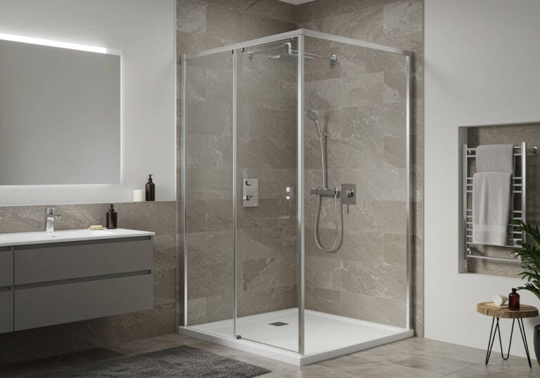 Modern bathroom featuring a semi-frameless corner shower screen with a sleek silver frame. The shower enclosure maximises space with a contemporary design, complemented by neutral-toned tiles, a floating vanity, and a heated towel rail