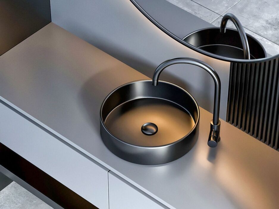 Curved matte black mixer tap installed with round above-counter basin and modern vanity