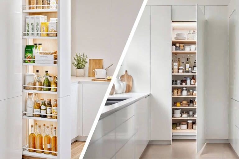 Pull out pantry vs traditional pantry comparison in modern kitchen design