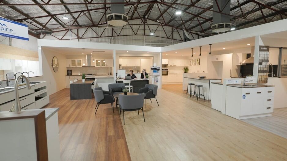 Ross’s Discount Home Centre kitchen showroom in Guildford Perth featuring full-size kitchen displays and modern cabinetry setups