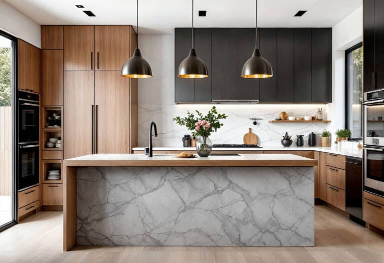 Luxury custom kitchen featuring black and wood cabinetry with a marble island and pendant lighting, showcasing a high-end modern design
