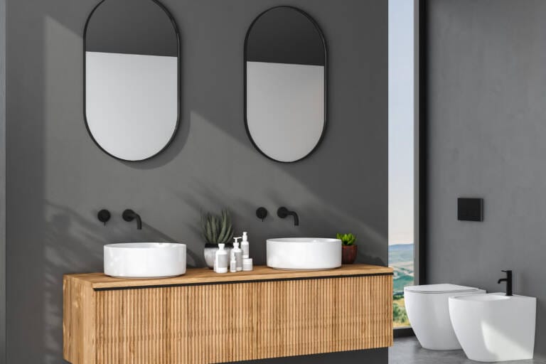 Framed bathroom mirrors in a modern Australian bathroom setting