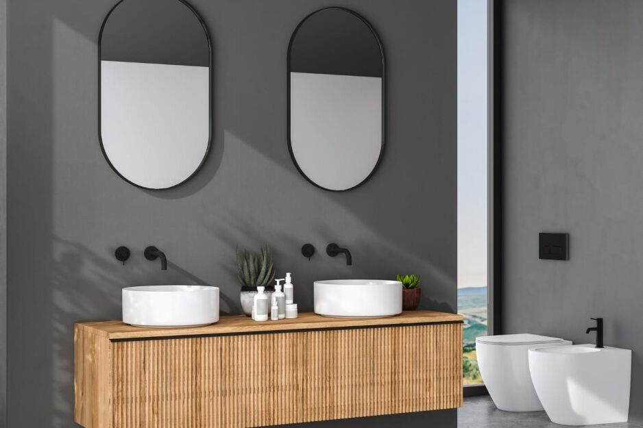 Framed bathroom mirrors in a modern Australian bathroom setting