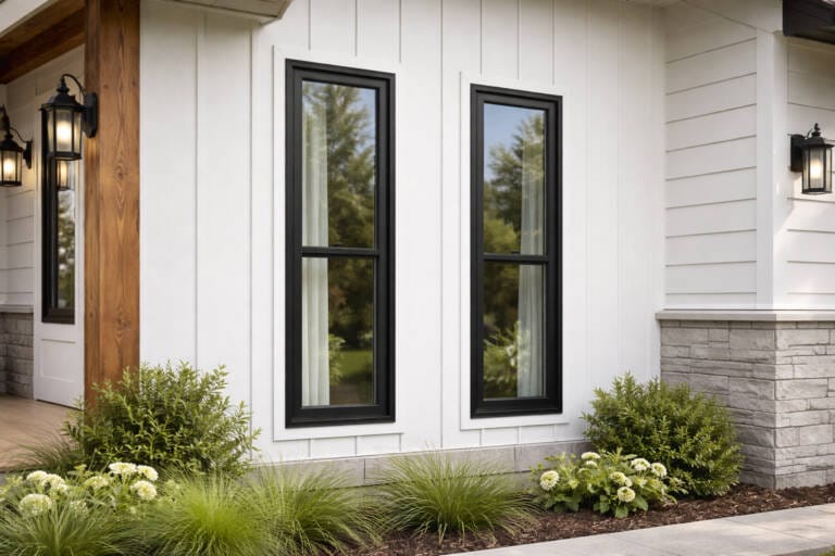 Narrow black framed double hung windows on an architectural home