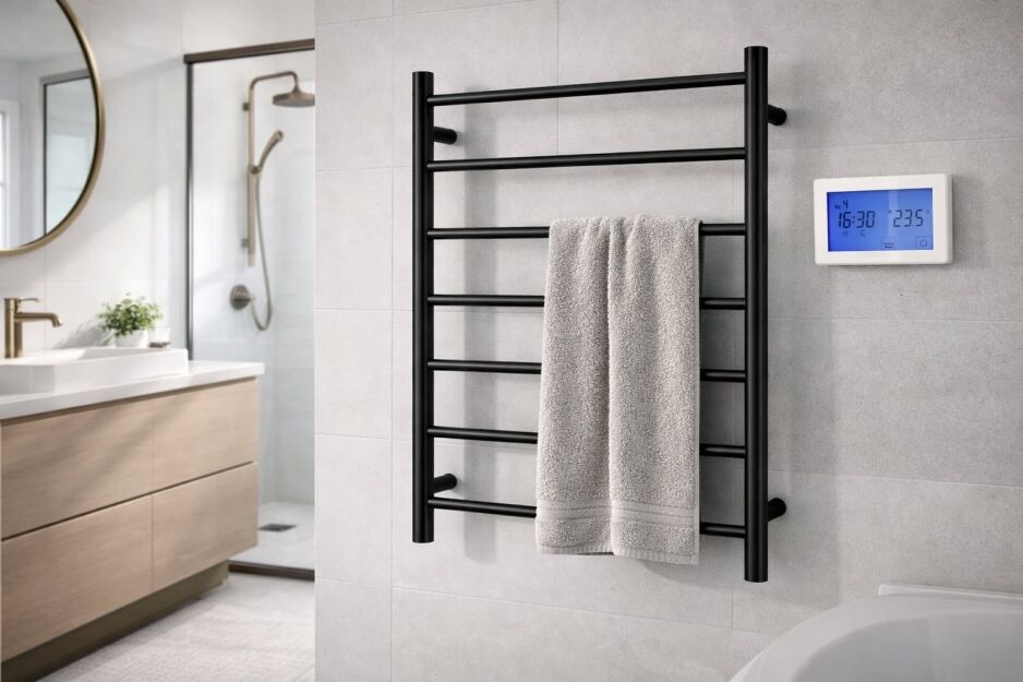 Matte black heated towel ladder with timer control installed in a modern bathroom