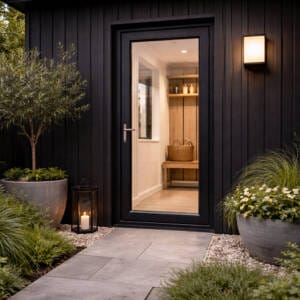 Black aluminium French door in Perth set into dark vertical cladding, opening to a softly lit interior, with landscaped garden planting and stone paving outside.