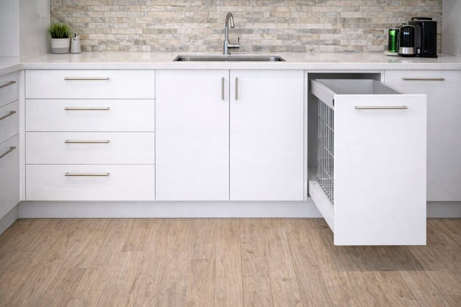 White kitchen base cabinets with integrated drawers, sink unit, and pull-out wire basket, set beneath a stone benchtop and tiled splashback.