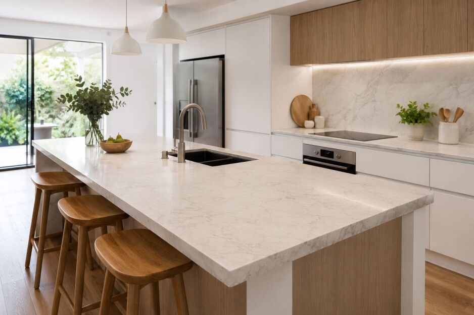 Modern Perth kitchen with a stone-look island benchtop for comparing stone and laminate benchtops