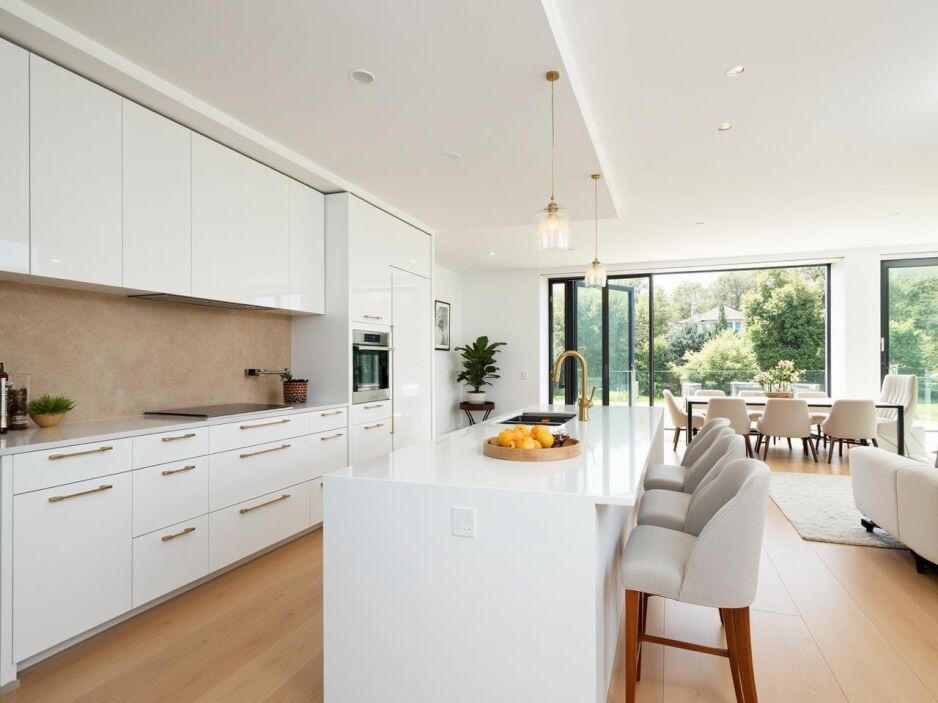 Modern white kitchen showcasing flat pack style cabinetry with island and seating