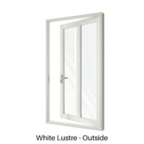 Single Front Entry Door with Single Vertical Midrail White Lustre Outside