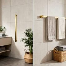 Split screen comparison of vertical towel rail and horizontal towel rail in modern bathrooms