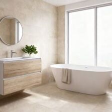 Freestanding bath in a modern bathroom showing the type of bathtub commonly priced when estimating bath cost in Perth