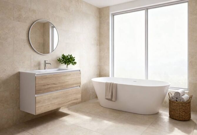 Freestanding bath in a modern bathroom showing the type of bathtub commonly priced when estimating bath cost in Perth