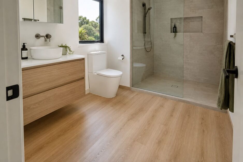 Hybrid flooring in the dry area of a Perth bathroom with a separate tiled shower