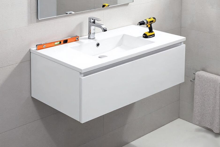 Step-by-step wall hung vanity installation in a modern bathroom, showing fixing brackets, a level tool, and a power drill for a secure and stylish setup.