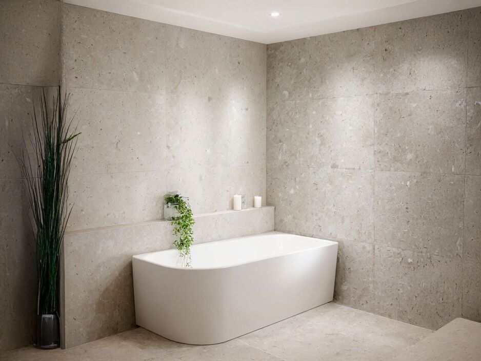 modern corner bath installed in bathroom with neutral tiles, showcasing left, right, and universal fit options