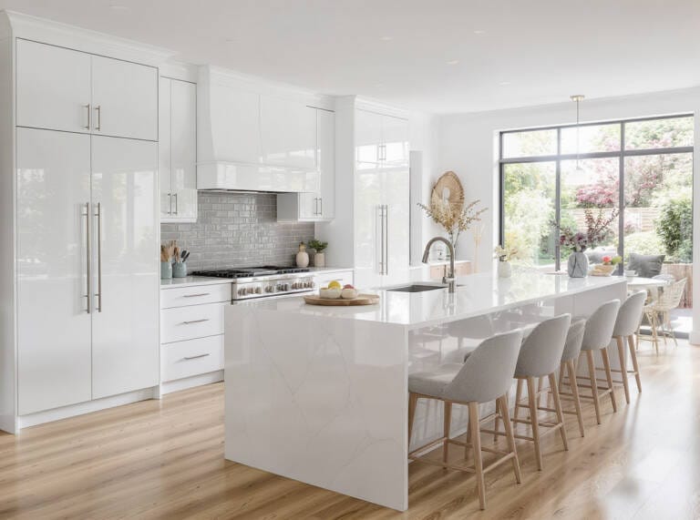 Bright modern white kitchen with stainless steel cabinet handles, marble-look island benchtop, and light timber flooring in Perth home