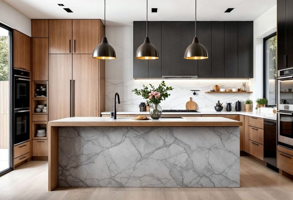 Luxury custom kitchen featuring black and wood cabinetry with a marble island and pendant lighting, showcasing a high-end modern design