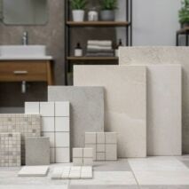 Comparison of different tile sizes displayed in a modern bathroom setting, showcasing small mosaics, subway tiles, and large-format tiles