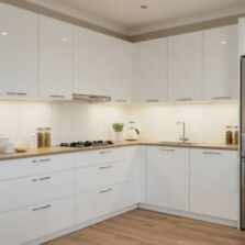 Modern kitchen showcasing various overhead kitchen cabinet types with sleek white gloss finish and warm wooden benchtop
