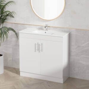 bathroom setting with 90cm PVC Jessica vanity unit with shallow depth