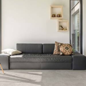 modern living room with Essential Stone Grey Matte Tiles