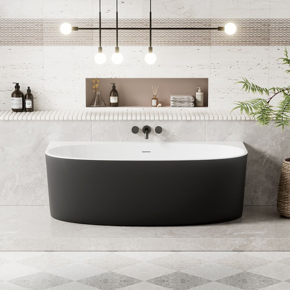 black and white freestanding back to the wall bath