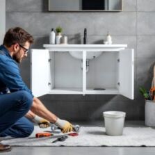 Professional plumber in blue workwear disconnecting vanity plumbing, shown kneeling on protective drop cloth with organized tools, working on wall-mounted white bathroom cabinet with open doors exposing pipe connections