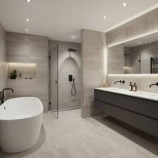 How to design a bathroom – modern large bathroom with freestanding bathtub, floating double vanity, and walk-in shower with recessed lighting