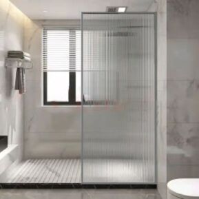 brushed-frame-fluted-glass-panel-bathroom-2 Fluted Glass Shower Panel Brushed Stainless Steel - front view