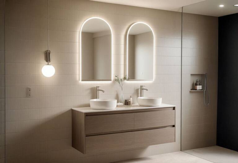 LED arched mirrors above floating vanity