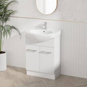 60cm Jessica Semi-Recessed Vanity in white and beige bathroom