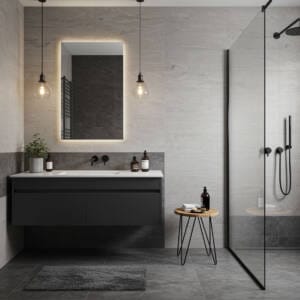 Small frameless vanity mirror above floating vanity in modern Perth bathroom