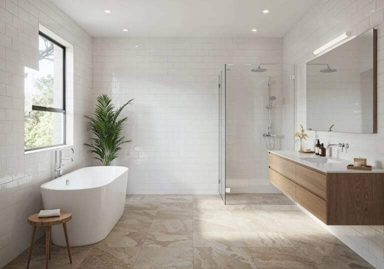 Bright and spacious Australian bathroom featuring creative tile pairing with white subway wall tiles and natural stone-look floor tiles