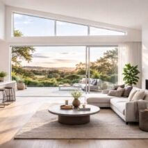 Raked windows in a contemporary home showing sloped glazing and elevated ceiling design