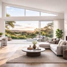 Raked windows in a contemporary home showing sloped glazing and elevated ceiling design