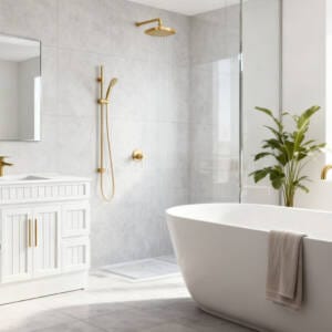 Modern bathroom with brushed gold basin mixer, shower tapware and bath tap in matching finish