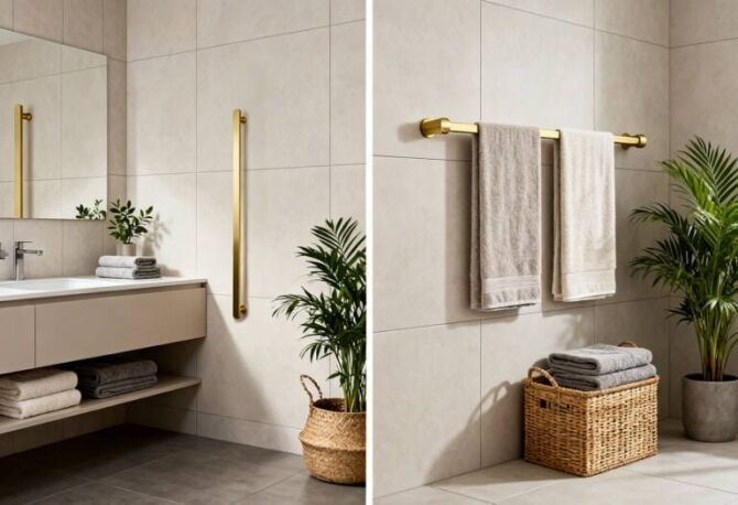 Split screen comparison of vertical towel rail and horizontal towel rail in modern bathrooms