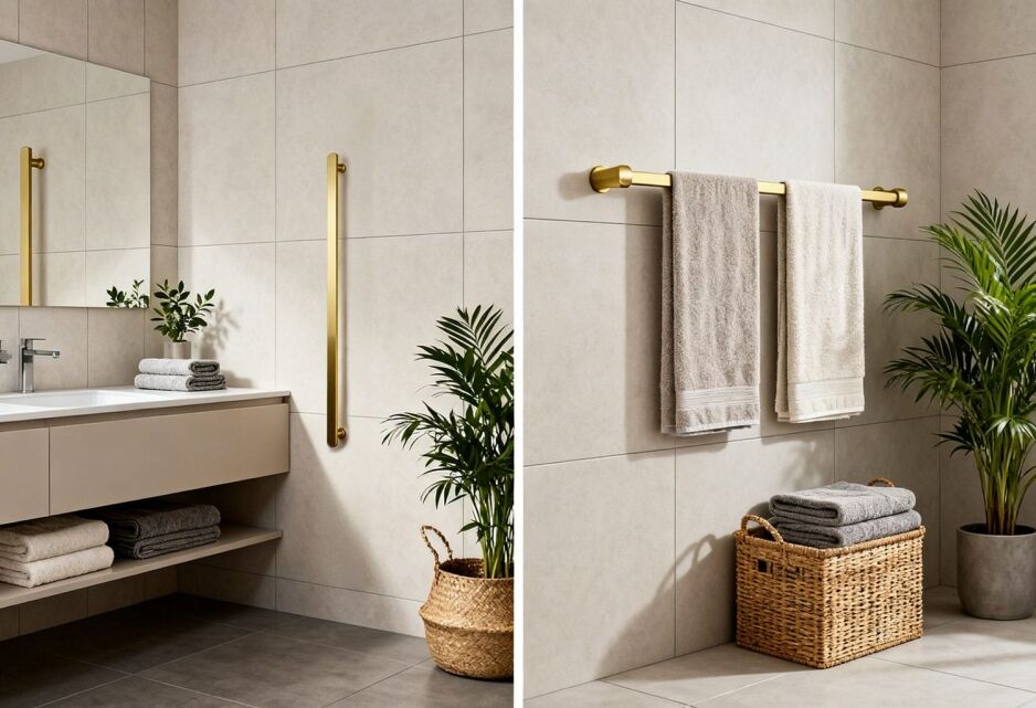 Split screen comparison of vertical towel rail and horizontal towel rail in modern bathrooms
