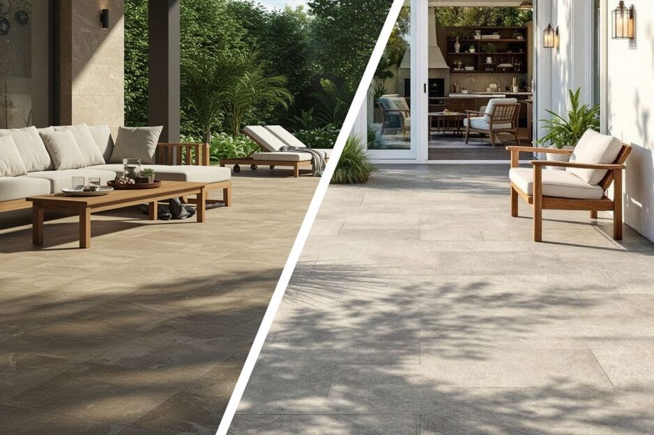 Side-by-side comparison of stone look tiles and natural stone tiles in outdoor patio settings