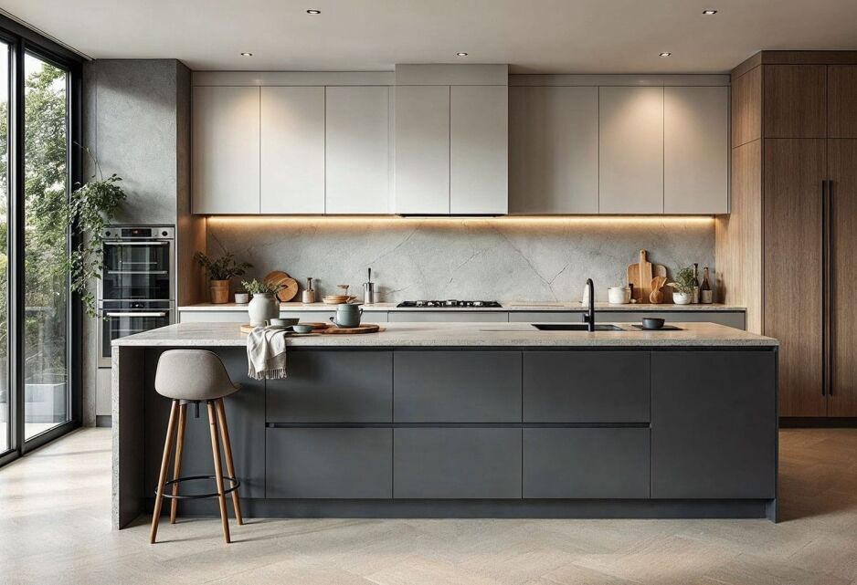 Modern Australian kitchen with grey island, light upper cabinets, natural timber elements and stone splashback — 2025 kitchen colour trend