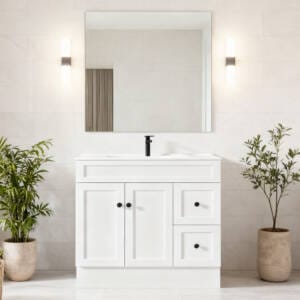 900mm bathroom vanity with shaker cabinet doors in a modern Australian bathroom
