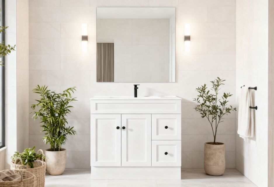 900mm bathroom vanity with shaker cabinet doors in a modern Australian bathroom