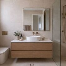 Renovated Perth bathroom with warm neutral tiles and brushed gold tapware showing the result of avoiding common renovation mistakes