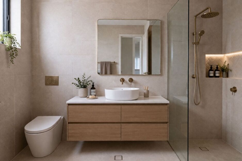 Renovated Perth bathroom with warm neutral tiles and brushed gold tapware showing the result of avoiding common renovation mistakes