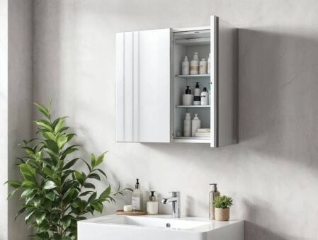 Modern bathroom mirror cabinet with open door showing organised shelves above white vanity and chrome tapware in Perth home