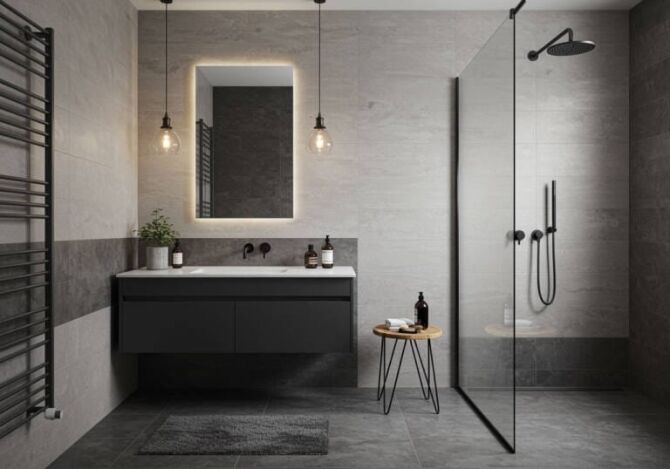 Small frameless vanity mirror above floating vanity in modern Perth bathroom