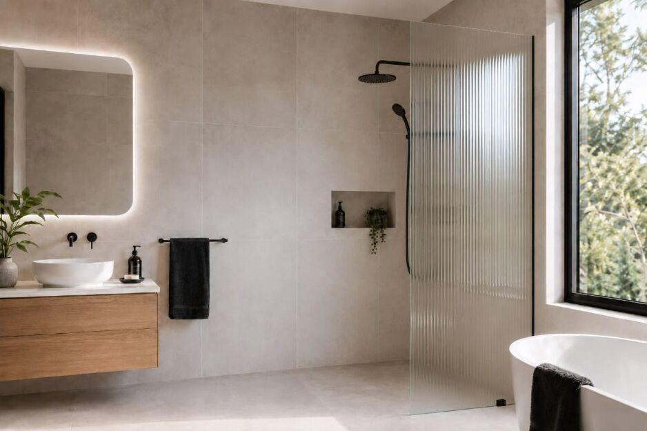 Fluted glass shower screen in a modern Perth bathroom